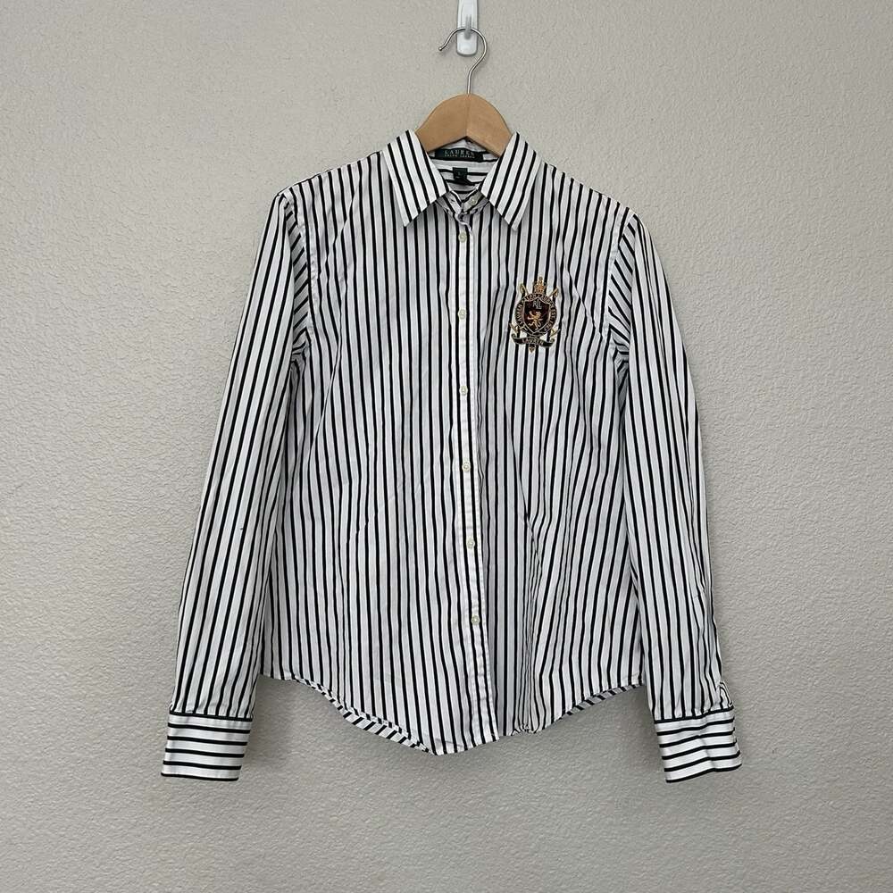 Lauren Ralph Lauren Women’s L Regular Black White Striped Logo Dress Shirt - Picture 2 of 3